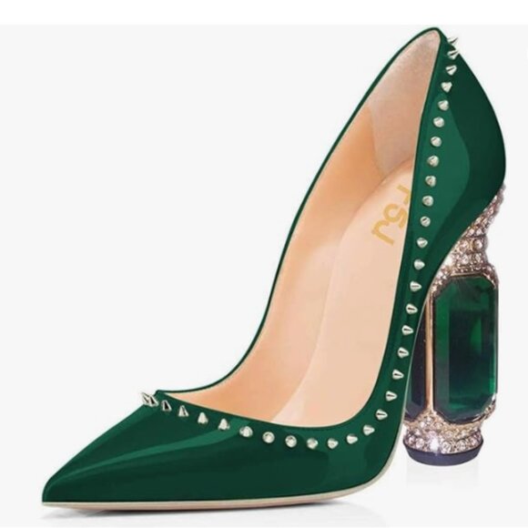 FSJ Olive Rivets Bridal Pointed Toe Chunky High Heel Crystal Pumps Wedding Shoes - Picture 1 of 8